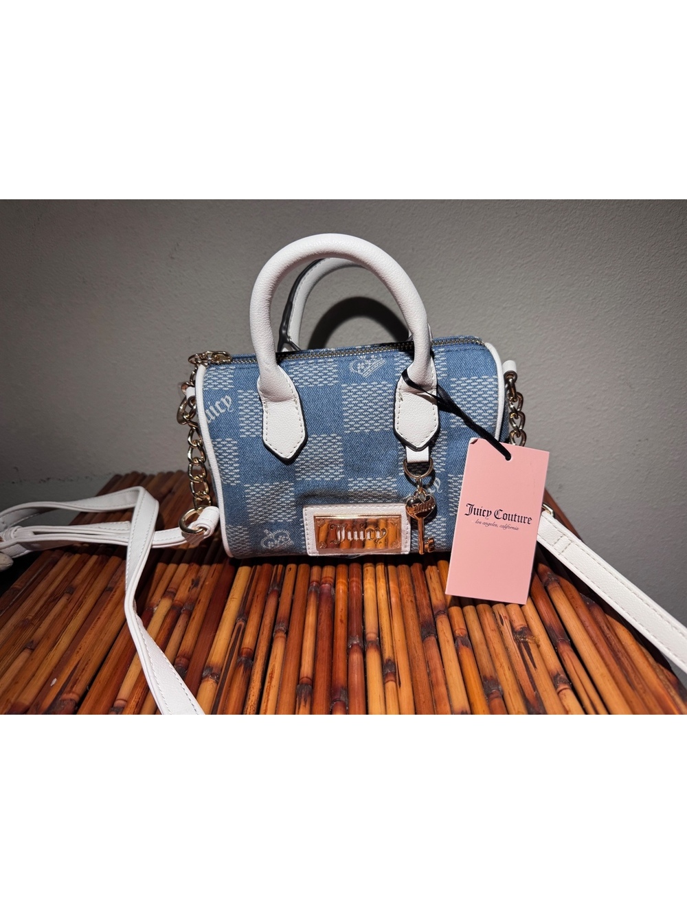 NWT Juicy Couture Mini Satchel Crossbody Blue Gingham Jacquard White Purs